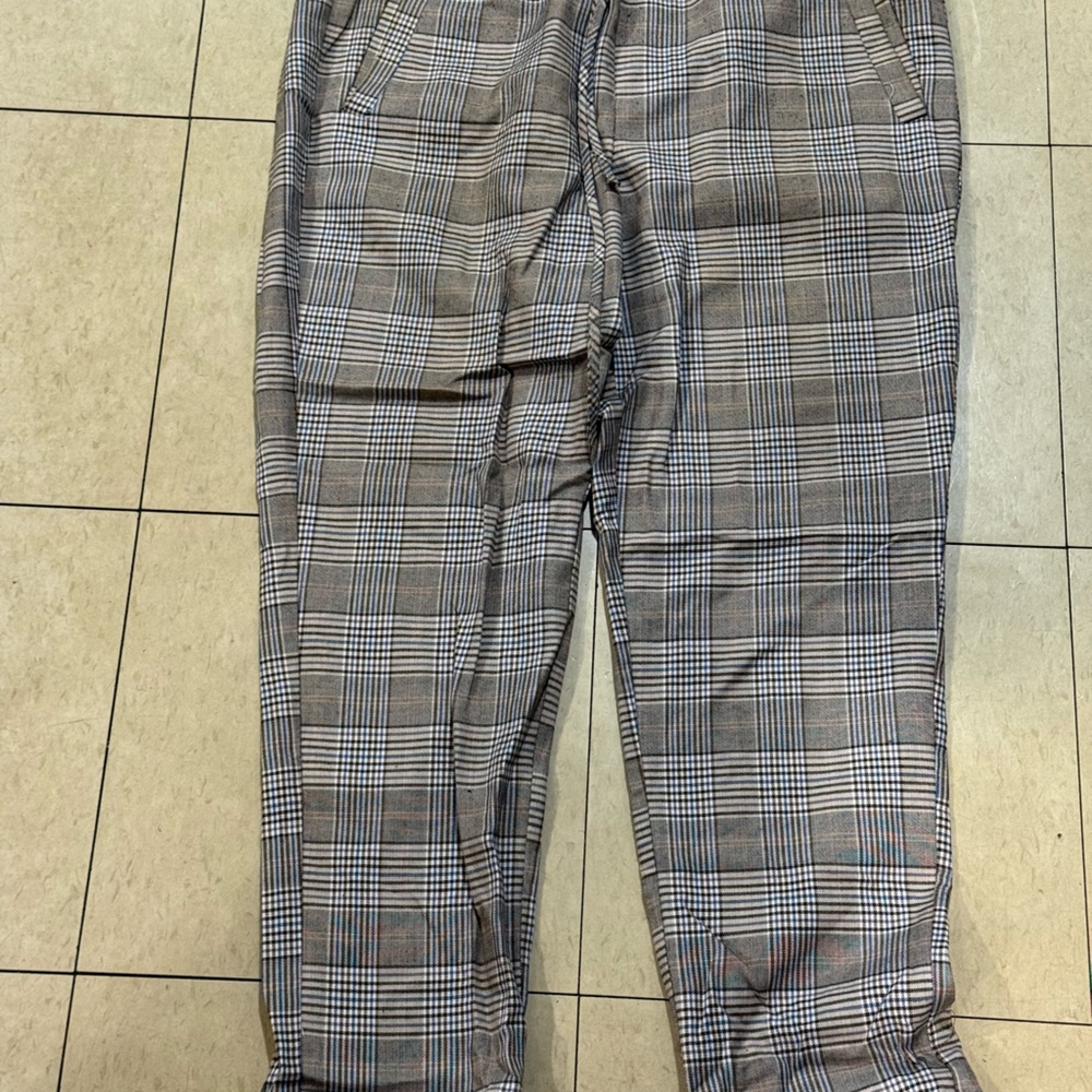 Men’s Forever 21 Tan and Blue Plaid Trouser Pants Size L Elastic Waistband